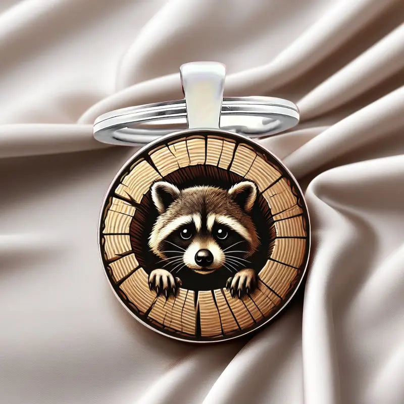 Raccoon in Log Metal Keychain