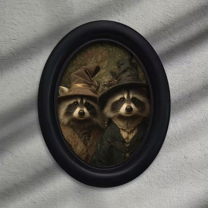 Vintage Raccoons in Hats Oval Wall Art picture