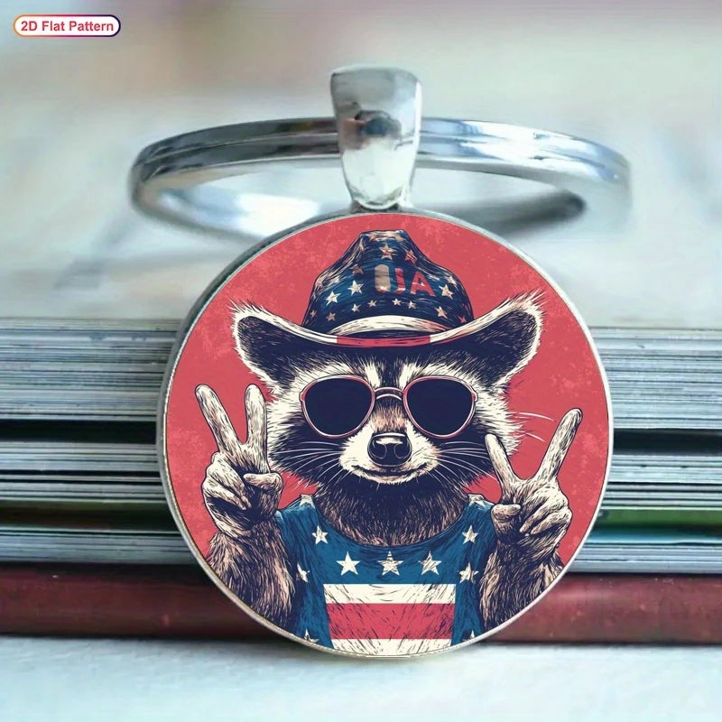 American Flag Cowboy Hat + T-Shirt Peace Sign Raccoon Keychain