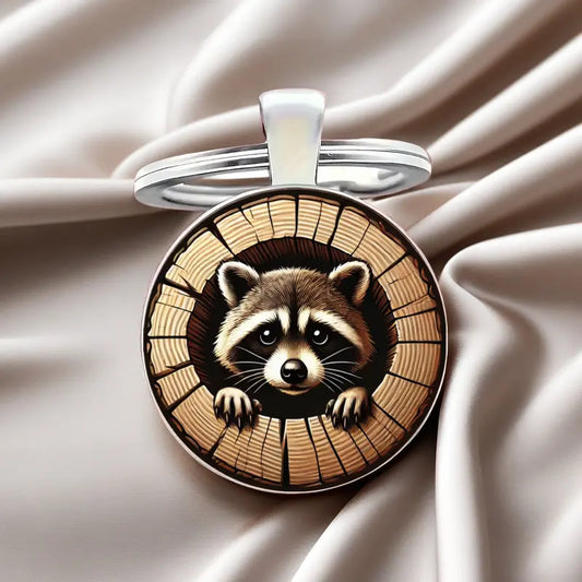 Raccoon in Log Metal Keychain