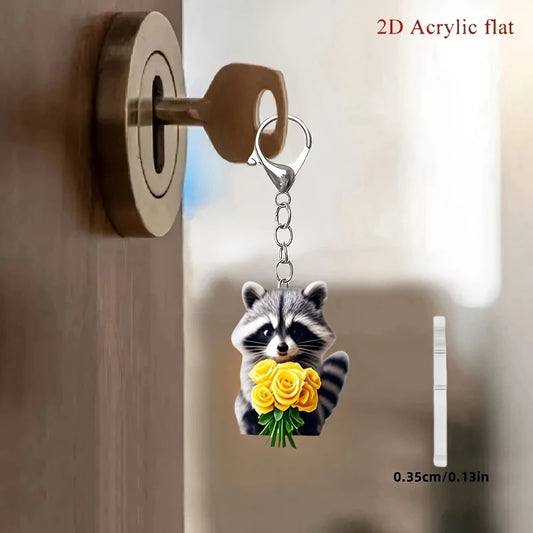 Raccoon Holding Yellow Flowers Keychain