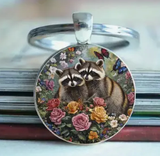 Raccoons Sitting in Flowers Keychain