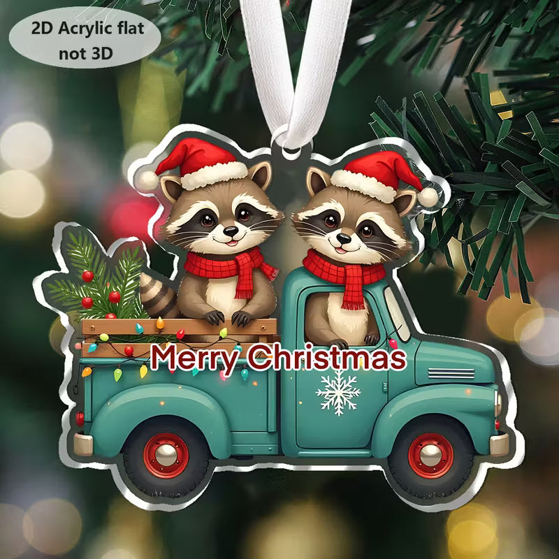 Raccoons in Truck Merry Christmas Ornament
