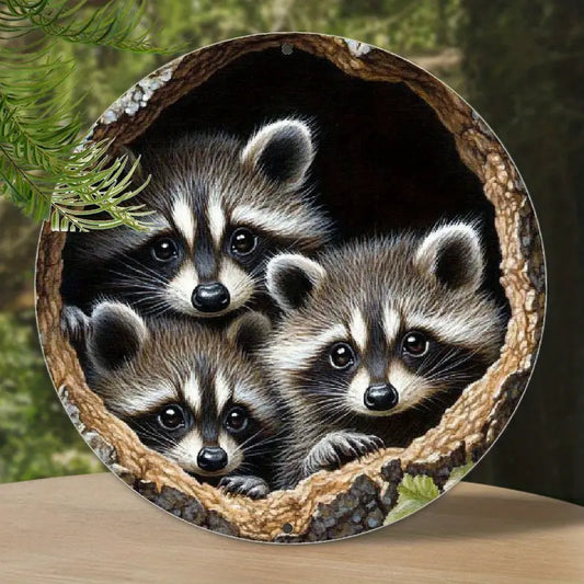Three Raccoons Metal Circle Sign
